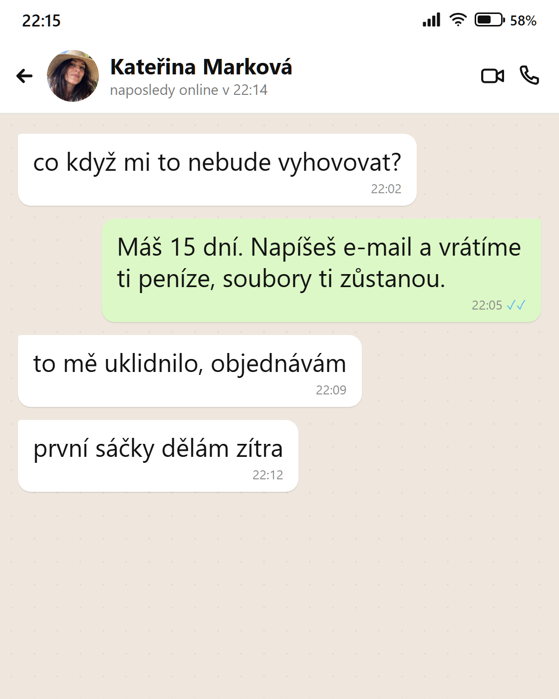 Zpráva od Kateřiny: záruka 15 dní