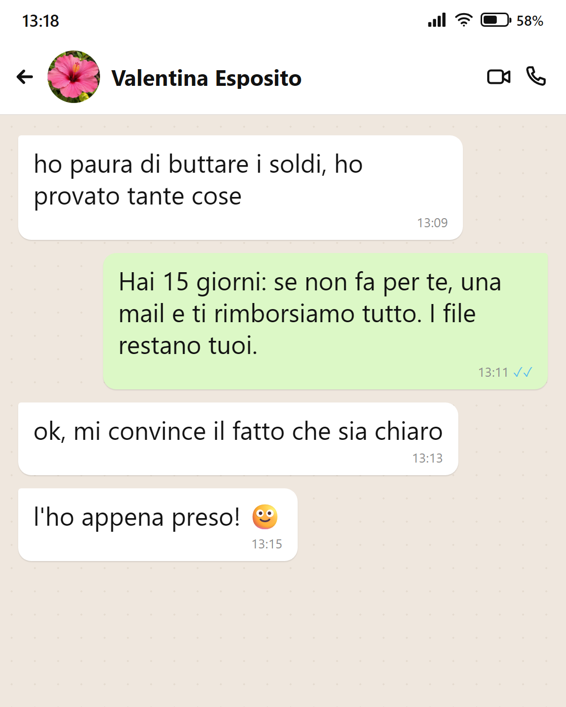 Messaggio di Valentina: la garanzia di 15 giorni