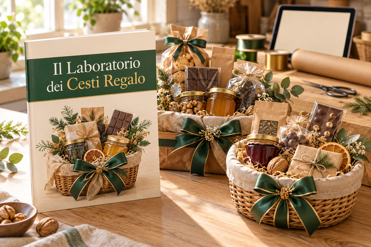 La guida Il Laboratorio dei Cesti Regalo accanto a due cesti regalo fatti a mano, su un tavolo da cucina