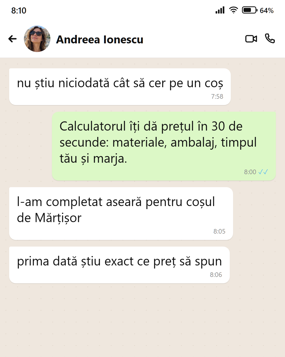 Mesaj de la Andreea: calculatorul de preț