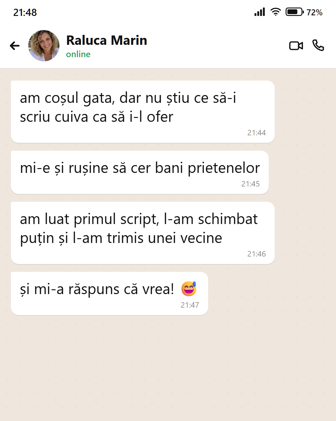 Mesaj de la Raluca: scripturile pentru primii clienți