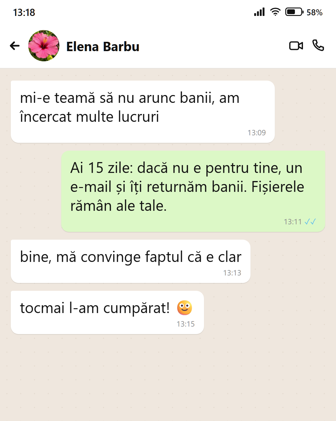 Mesaj de la Elena: garanția de 15 zile