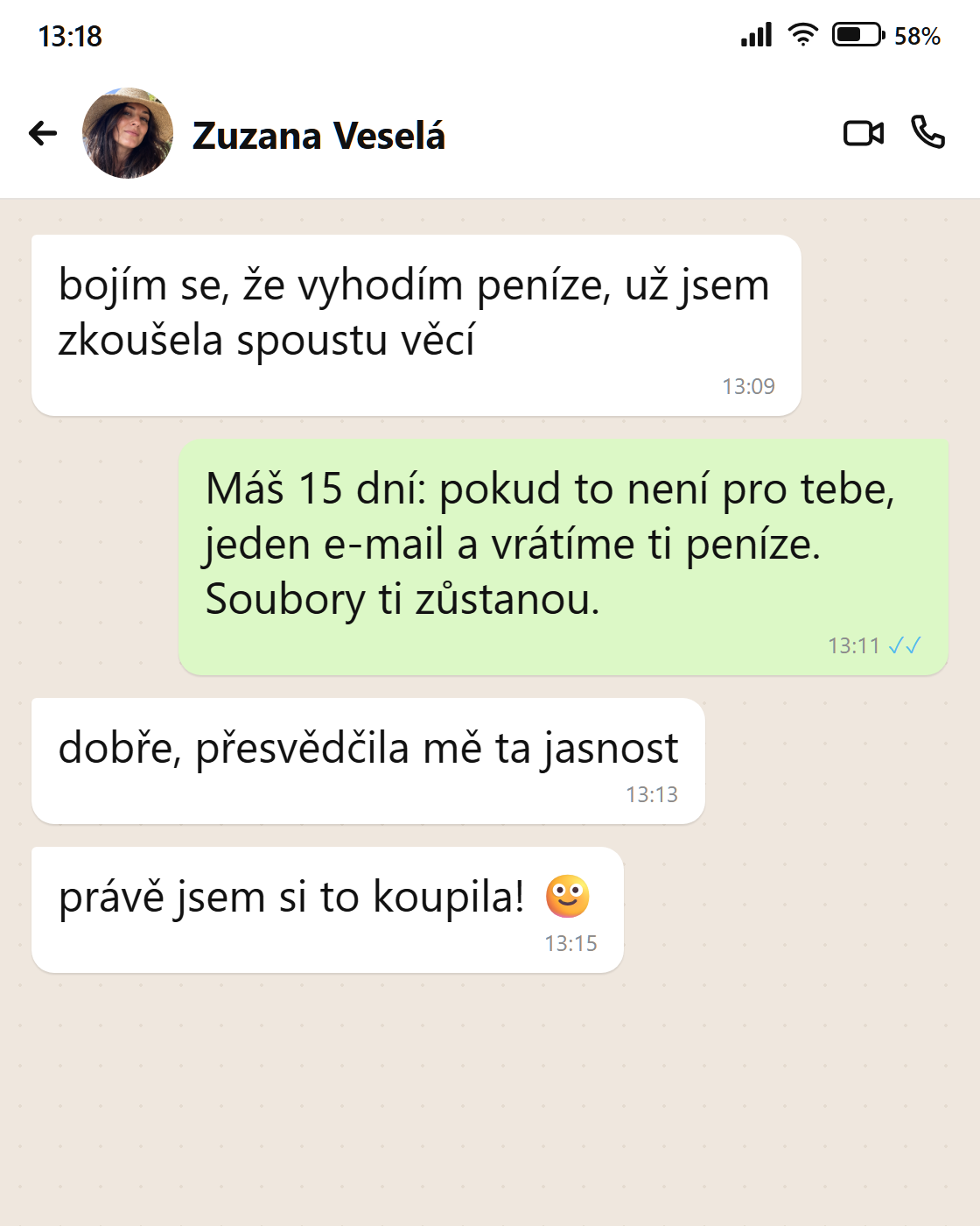 Zpráva od Zuzany: záruka 15 dní