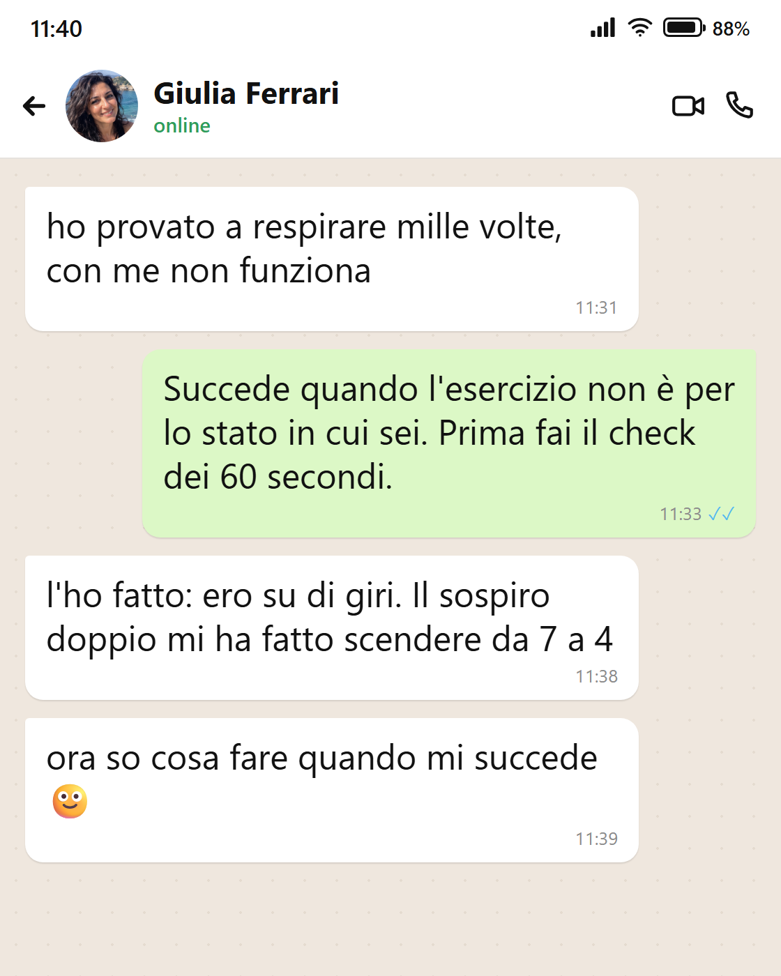 Messaggio di Giulia: ha capito in che stato era e quale esercizio le serviva