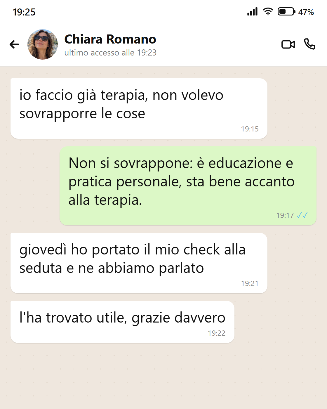 Messaggio di Chiara: il check portato in seduta