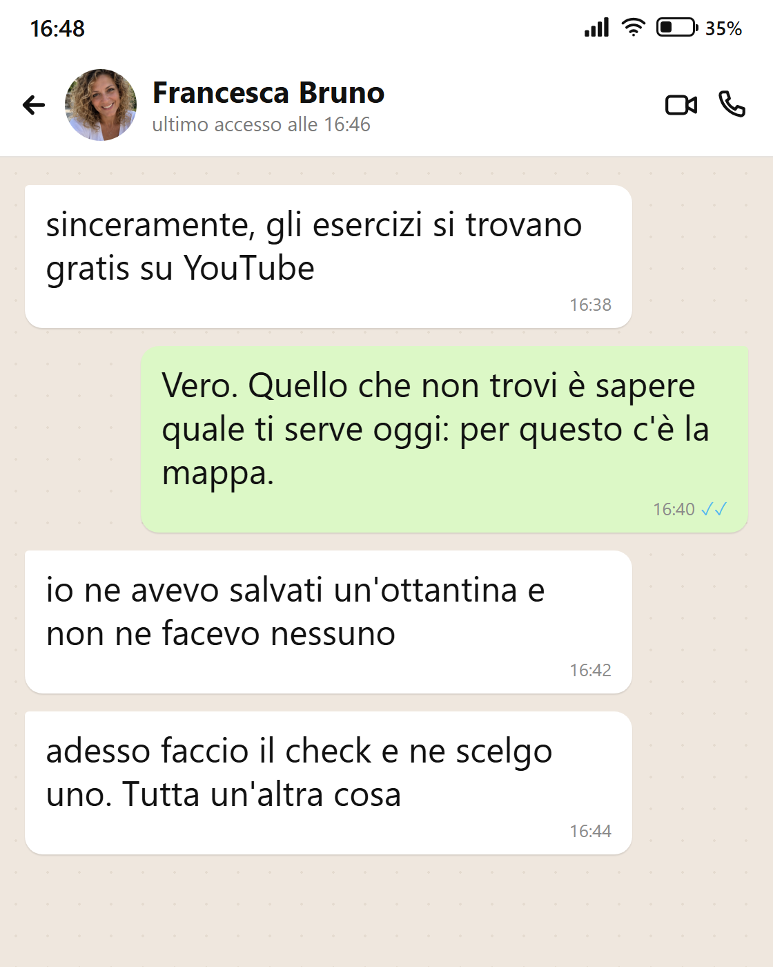 Messaggio di Francesca: dagli esercizi salvati al check