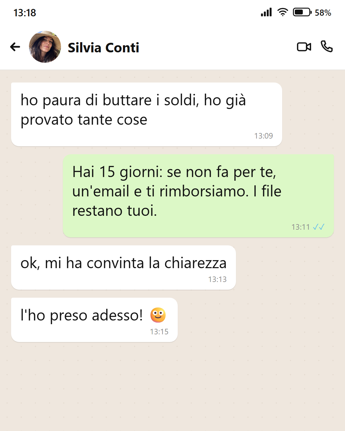 Messaggio di Silvia: la garanzia di 15 giorni