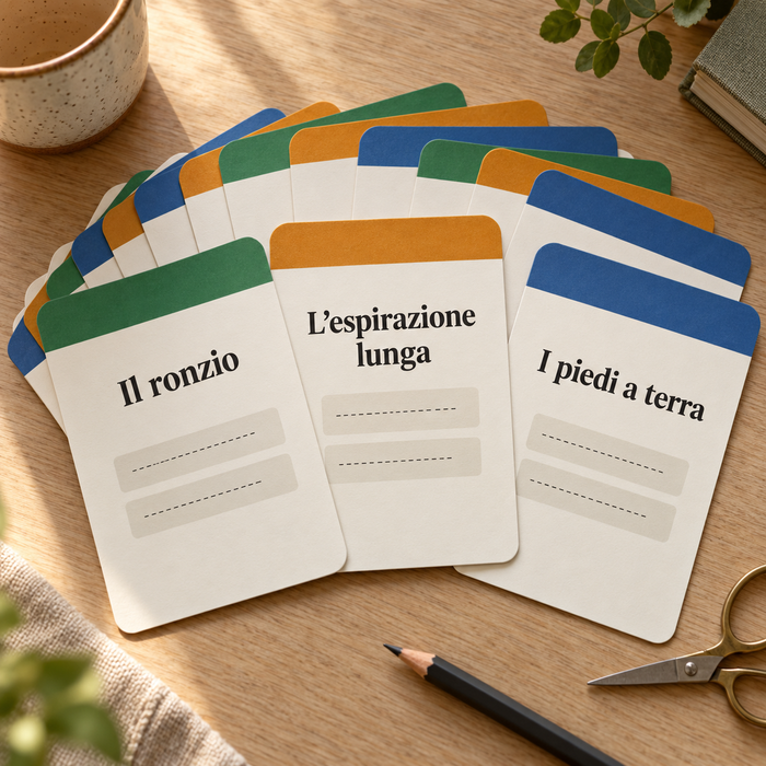 Le 48 Carte di Pronto Uso, un ventaglio di carte con le bande verde, ambra e blu