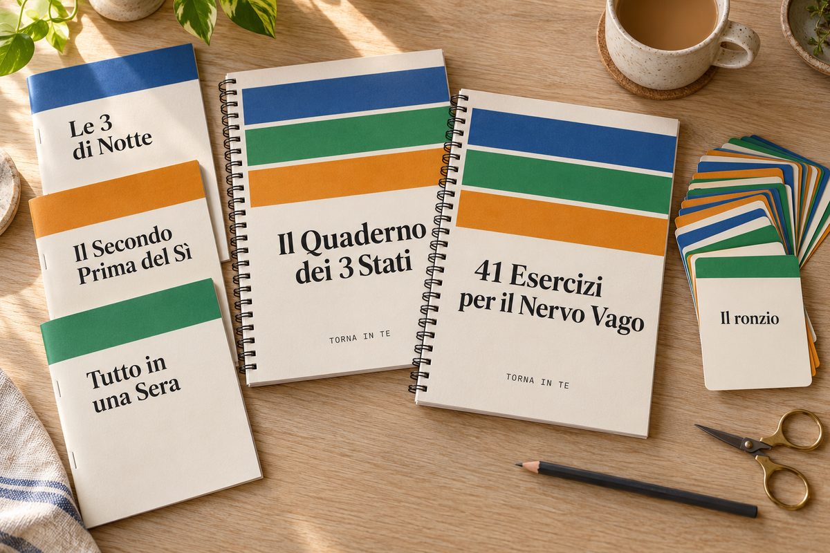 Il kit Torna in Te: due quaderni, tre bonus e un mazzo di carte con i colori dei tre stati